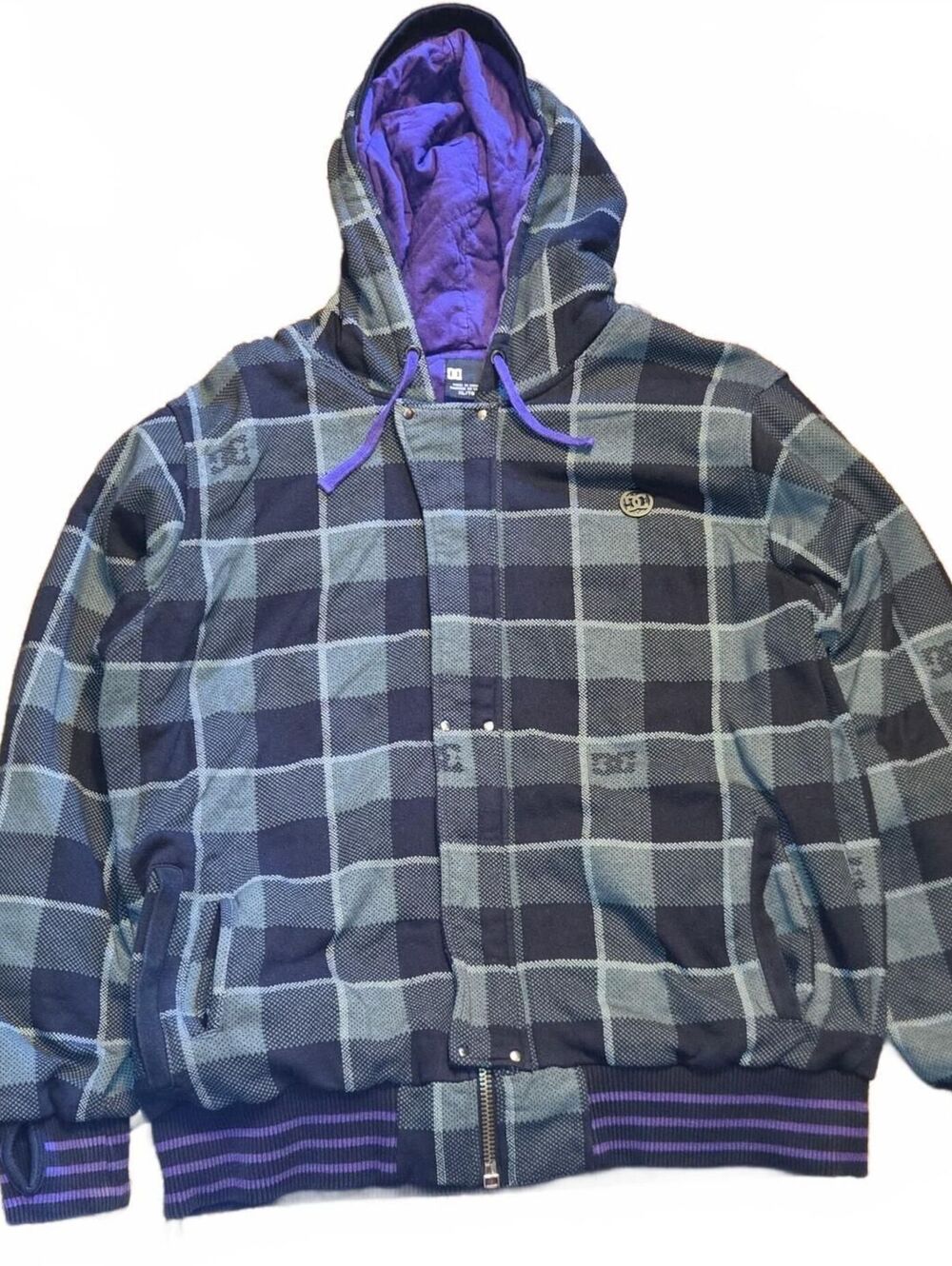 Vintage Y2K DC Shoes Zip Up Hoodie Mens XL Skater Black Purple Plaid HEAVY